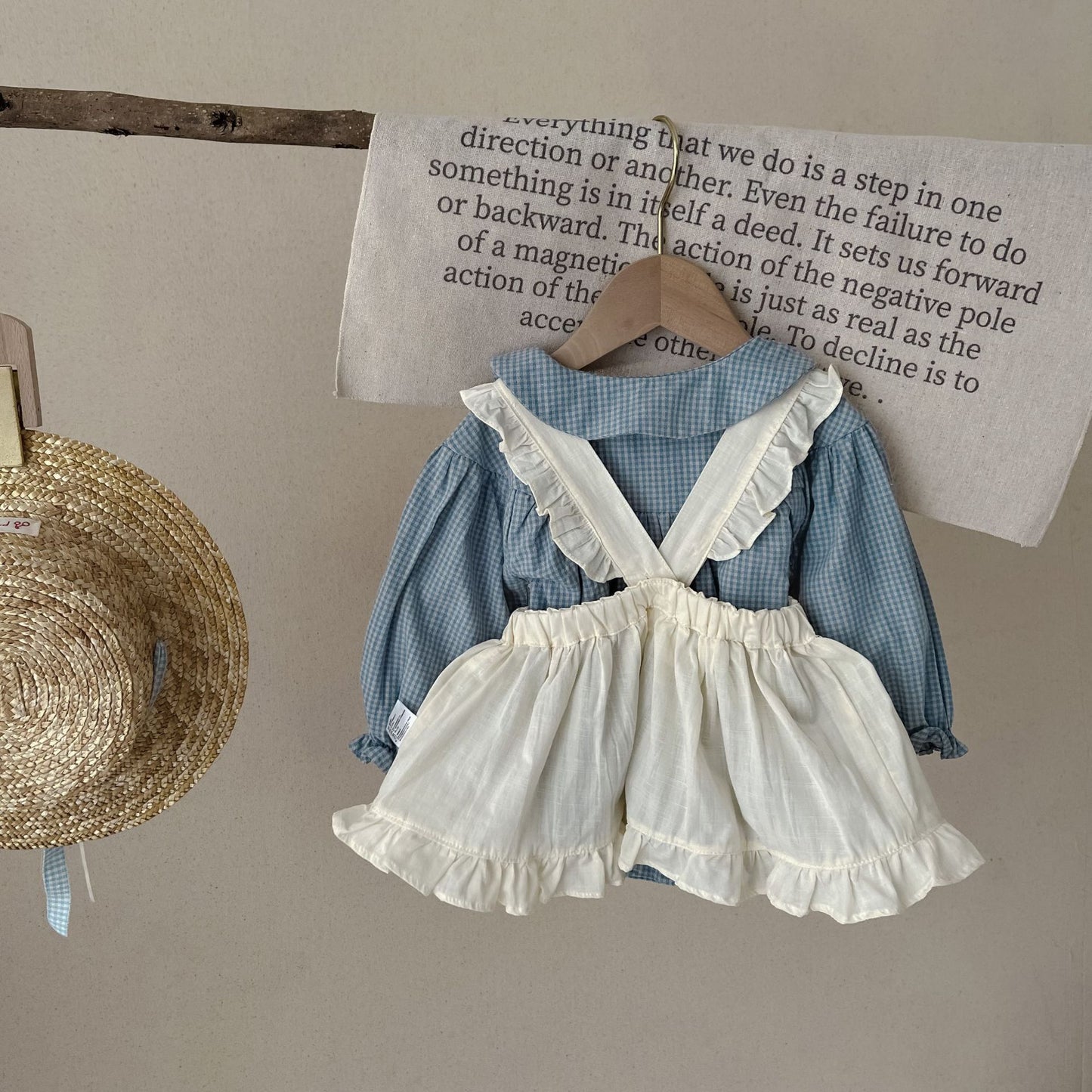 Single-breasted Long Sleeve Plaid Romper and Overskirt