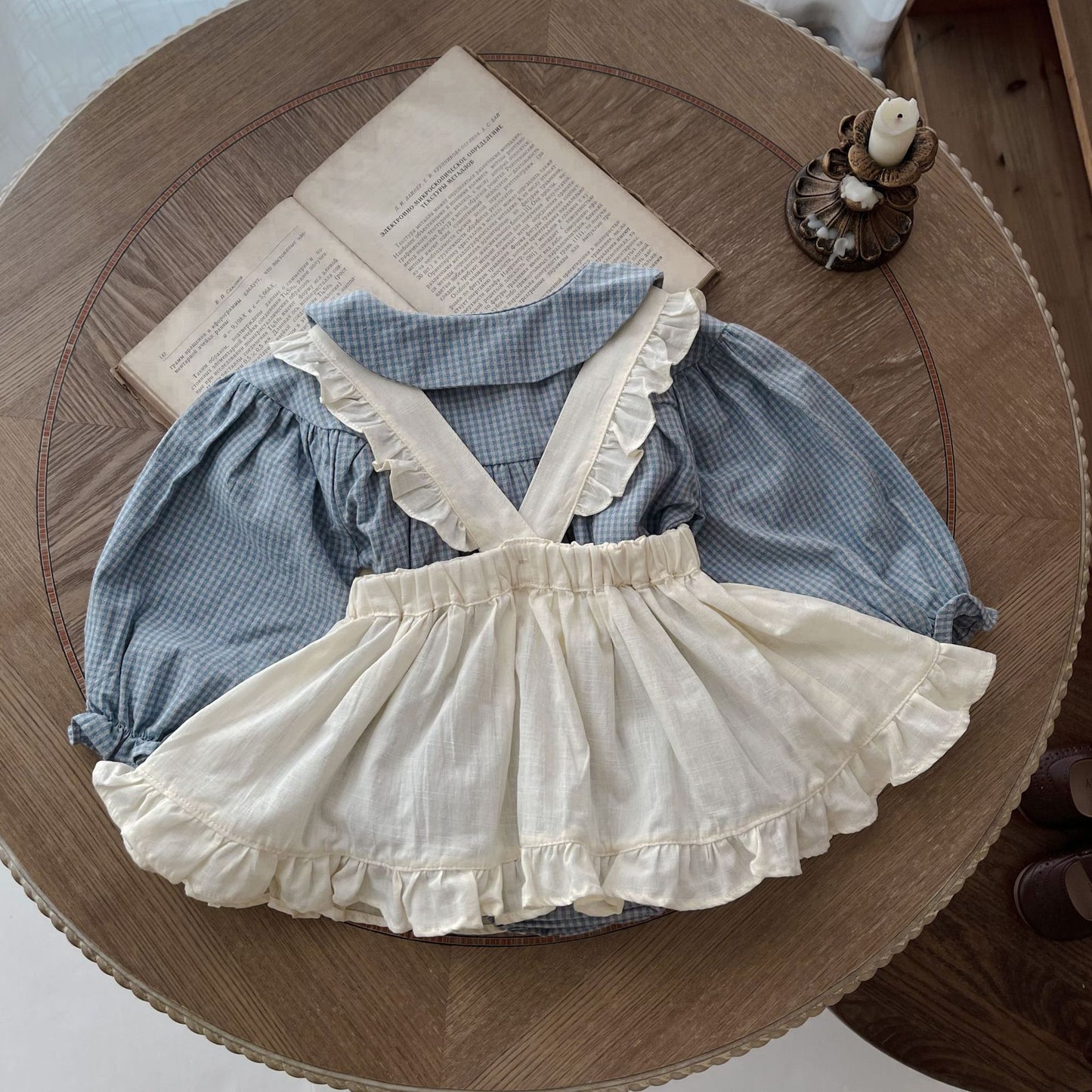 Single-breasted Long Sleeve Plaid Romper and Overskirt