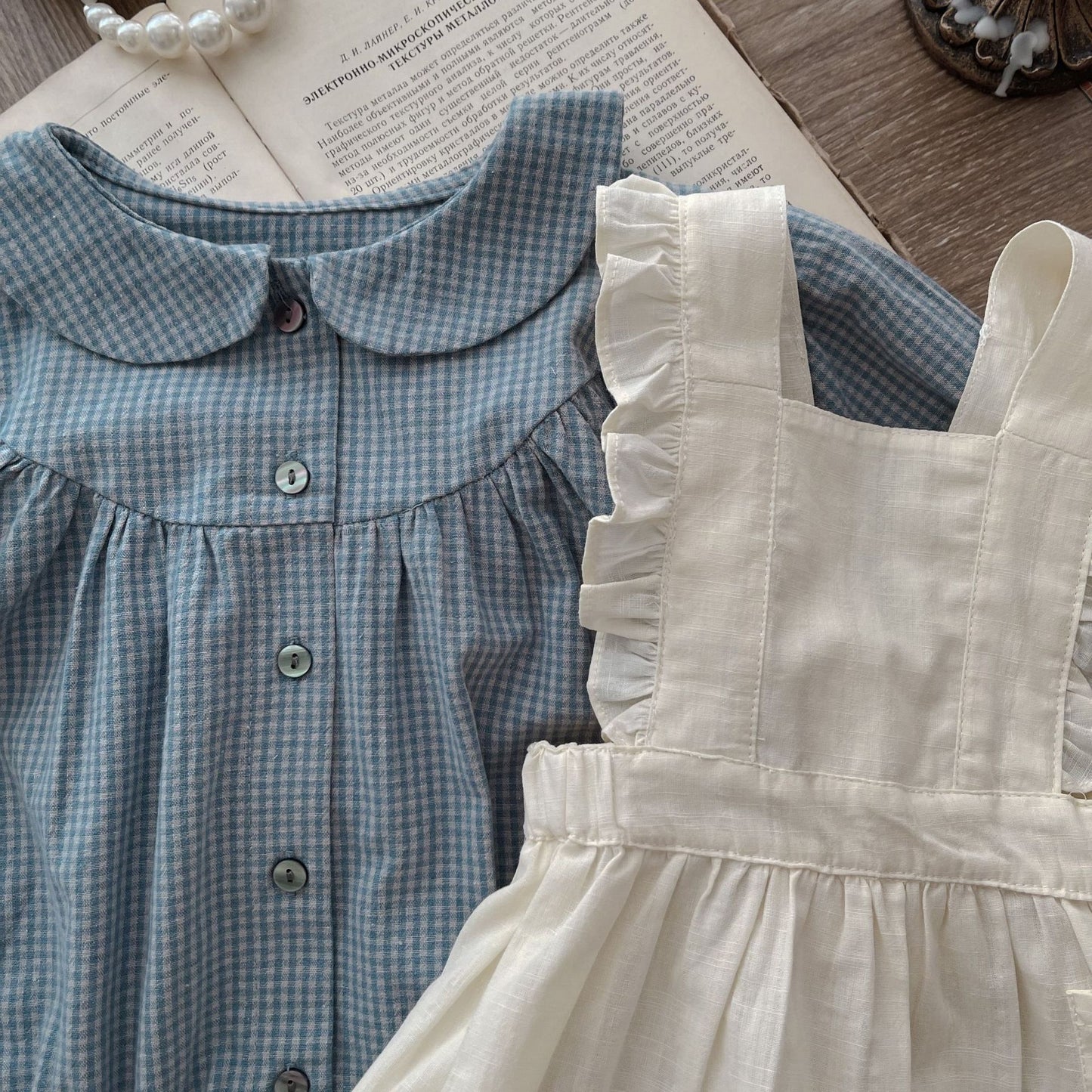 Single-breasted Long Sleeve Plaid Romper and Overskirt