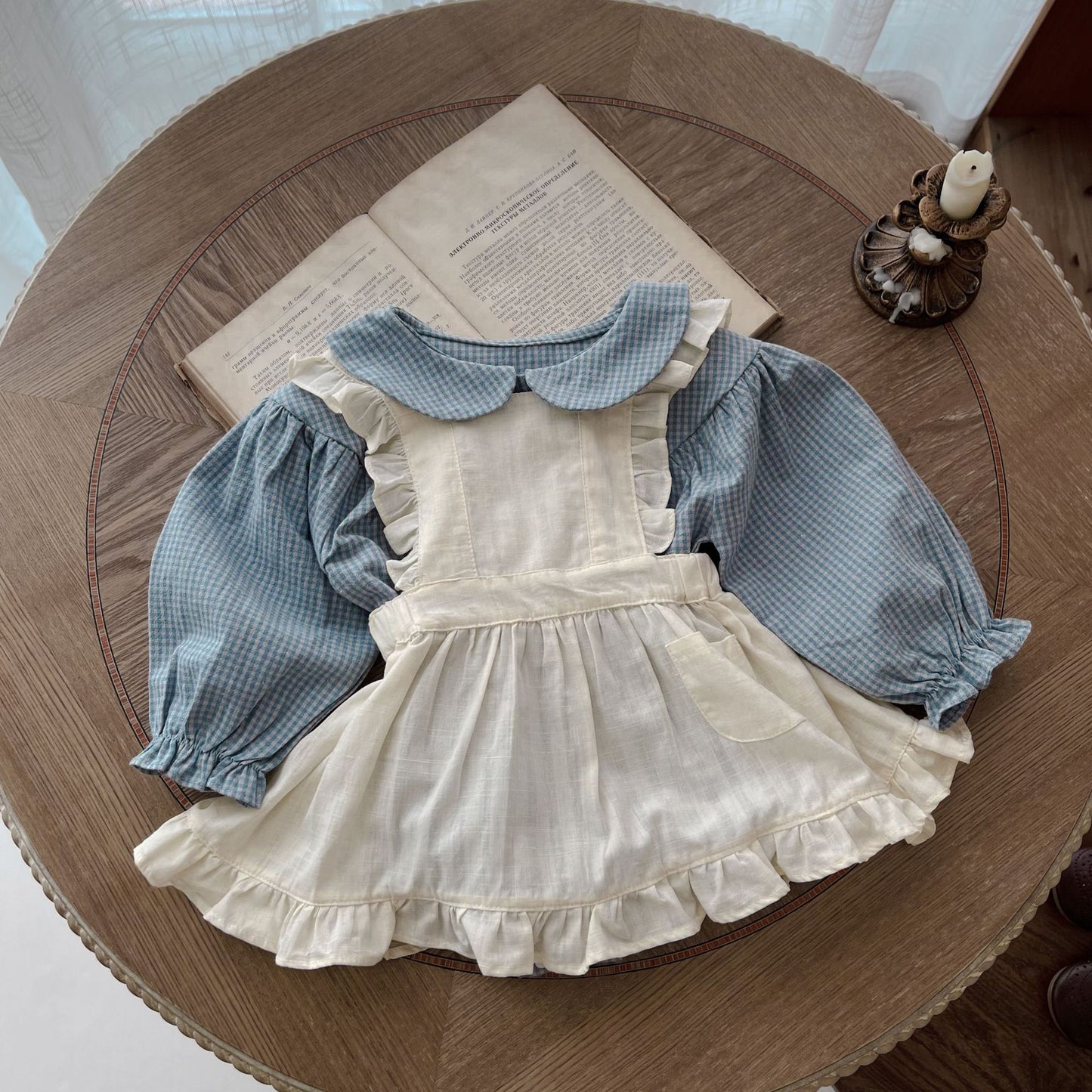 Single-breasted Long Sleeve Plaid Romper and Overskirt