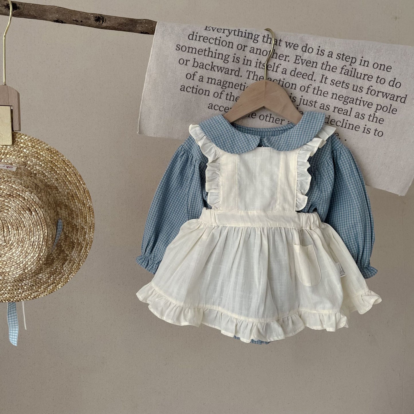 Single-breasted Long Sleeve Plaid Romper and Overskirt