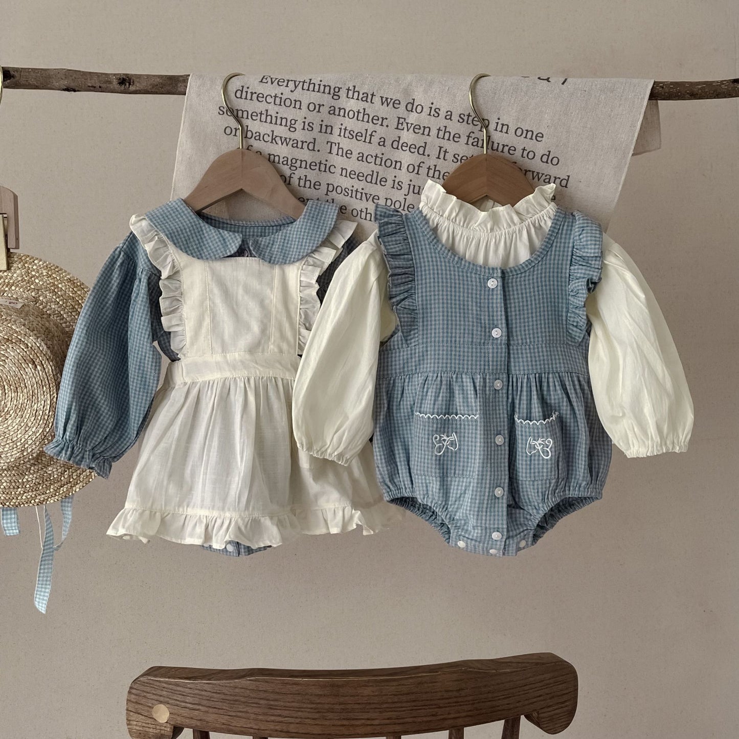 Single-breasted Long Sleeve Plaid Romper and Overskirt